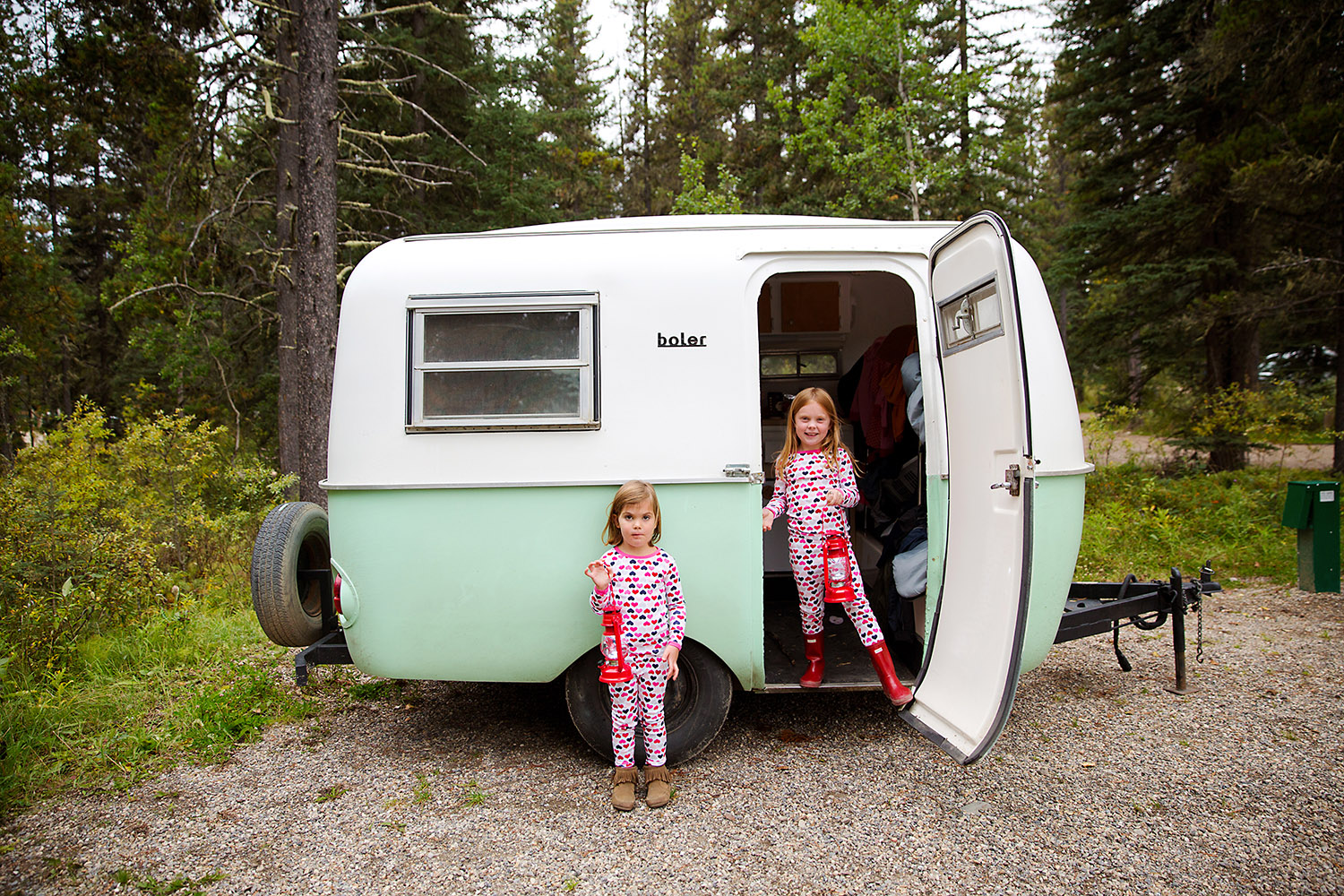 Kids in a Boler trailer
