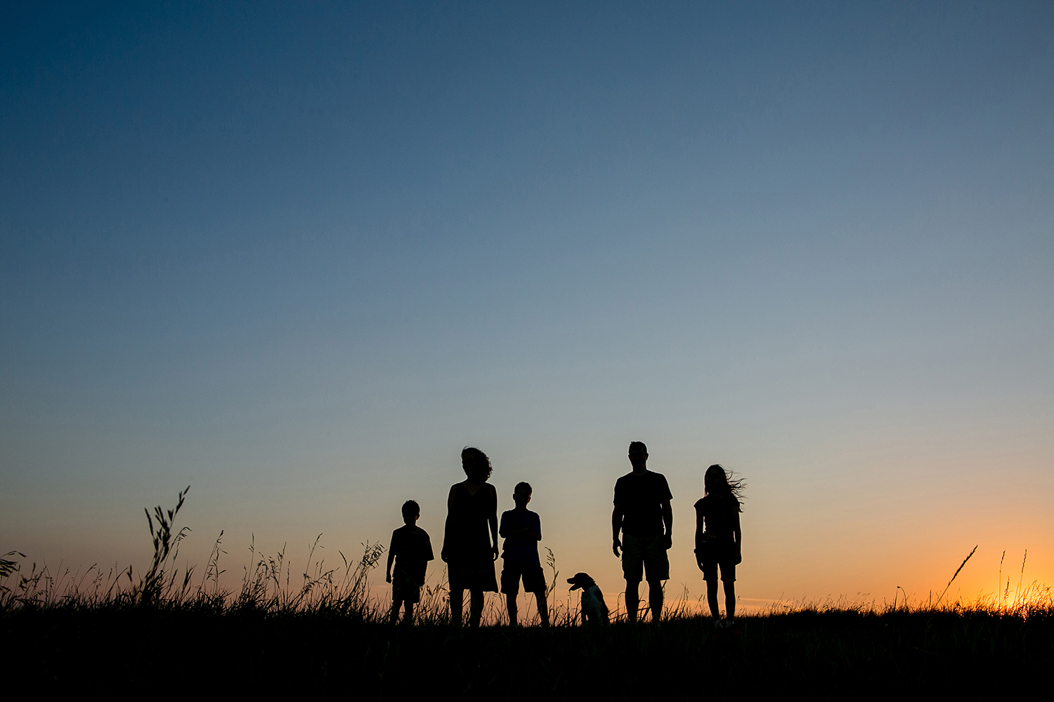 A silhouette portrait of a family with their dog